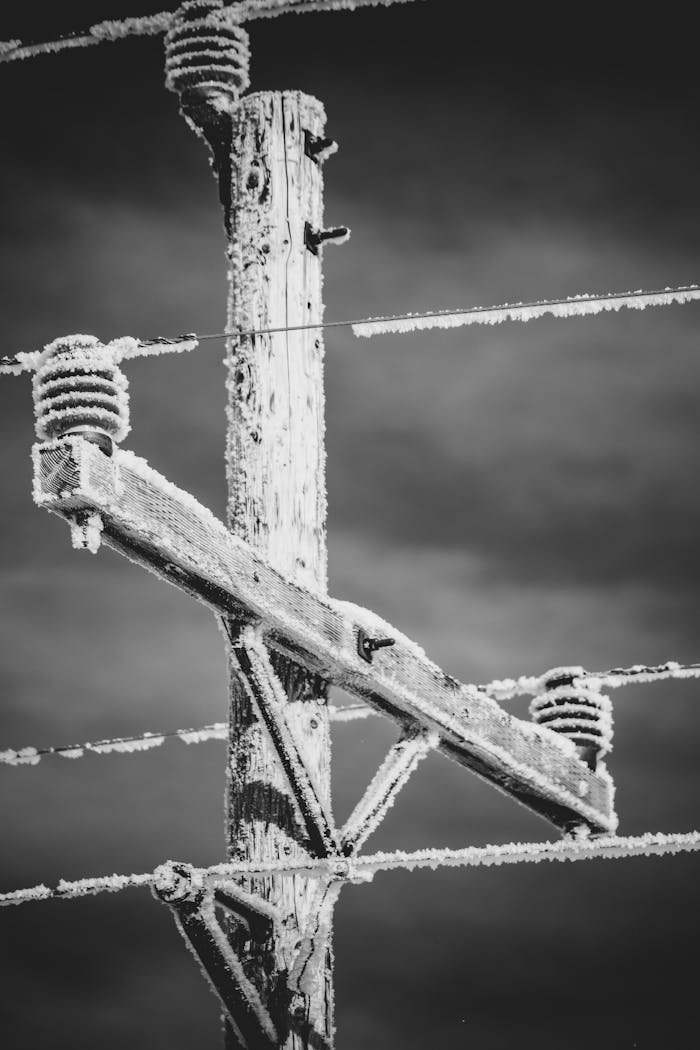 Frost-covered utility pole with wires in a monochrome winter scene.